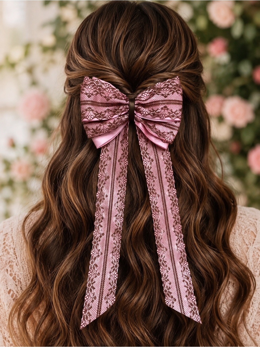 Pink and Brown Lace Hair Bow